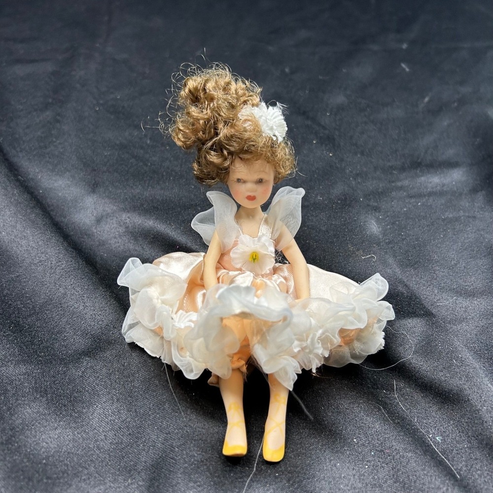 Vintage Miniature Porcelain Ballerina Doll Peach Satin Tutu Brunette Hair 6 Inch